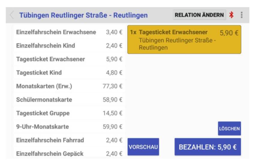 Fahrscheinauswahl - Warenkorbfunktion mit Ticketvorschau | TicketMATRIK